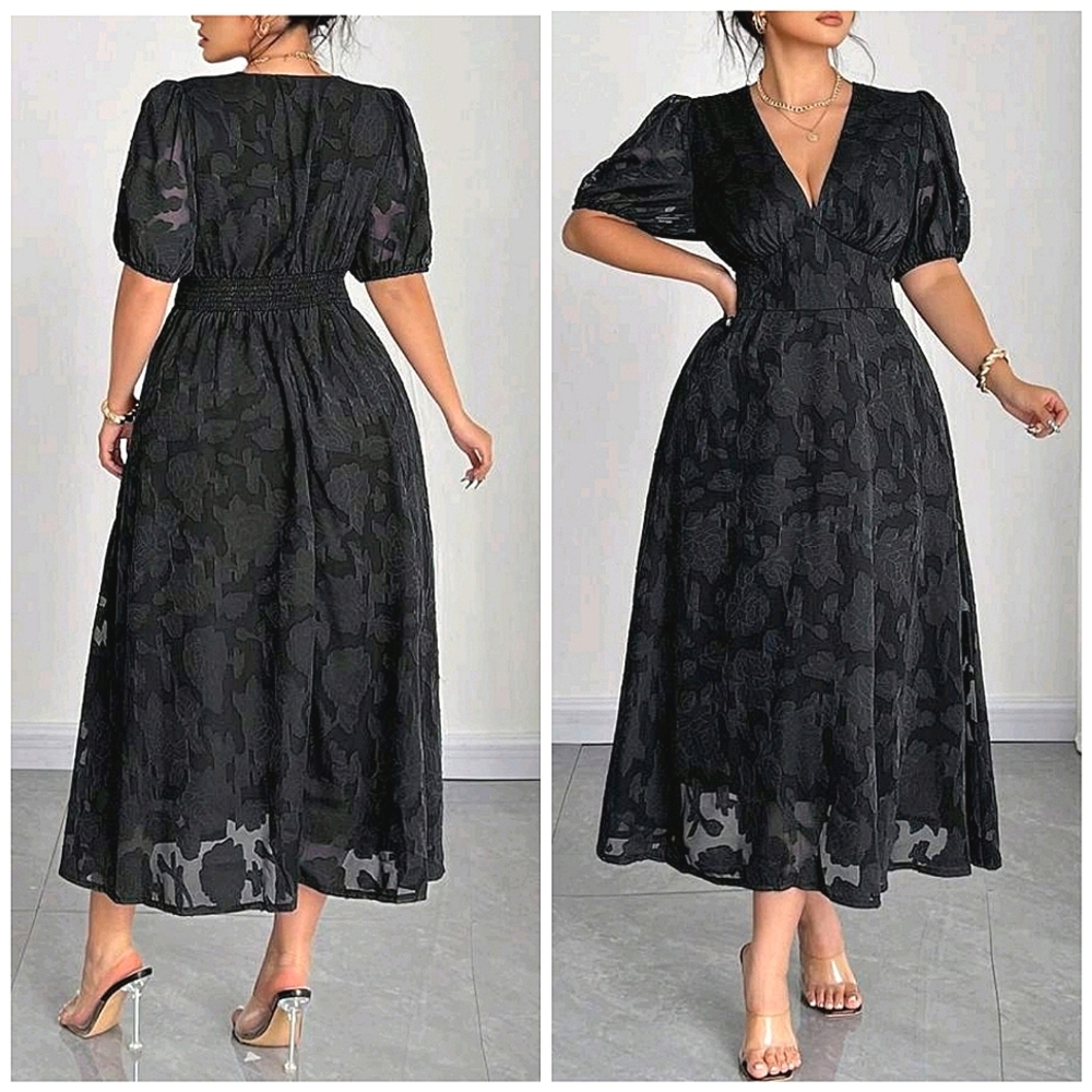 New Chic Sheer Textured Lace Puffed Sleeve Midi Dress PLUS Black